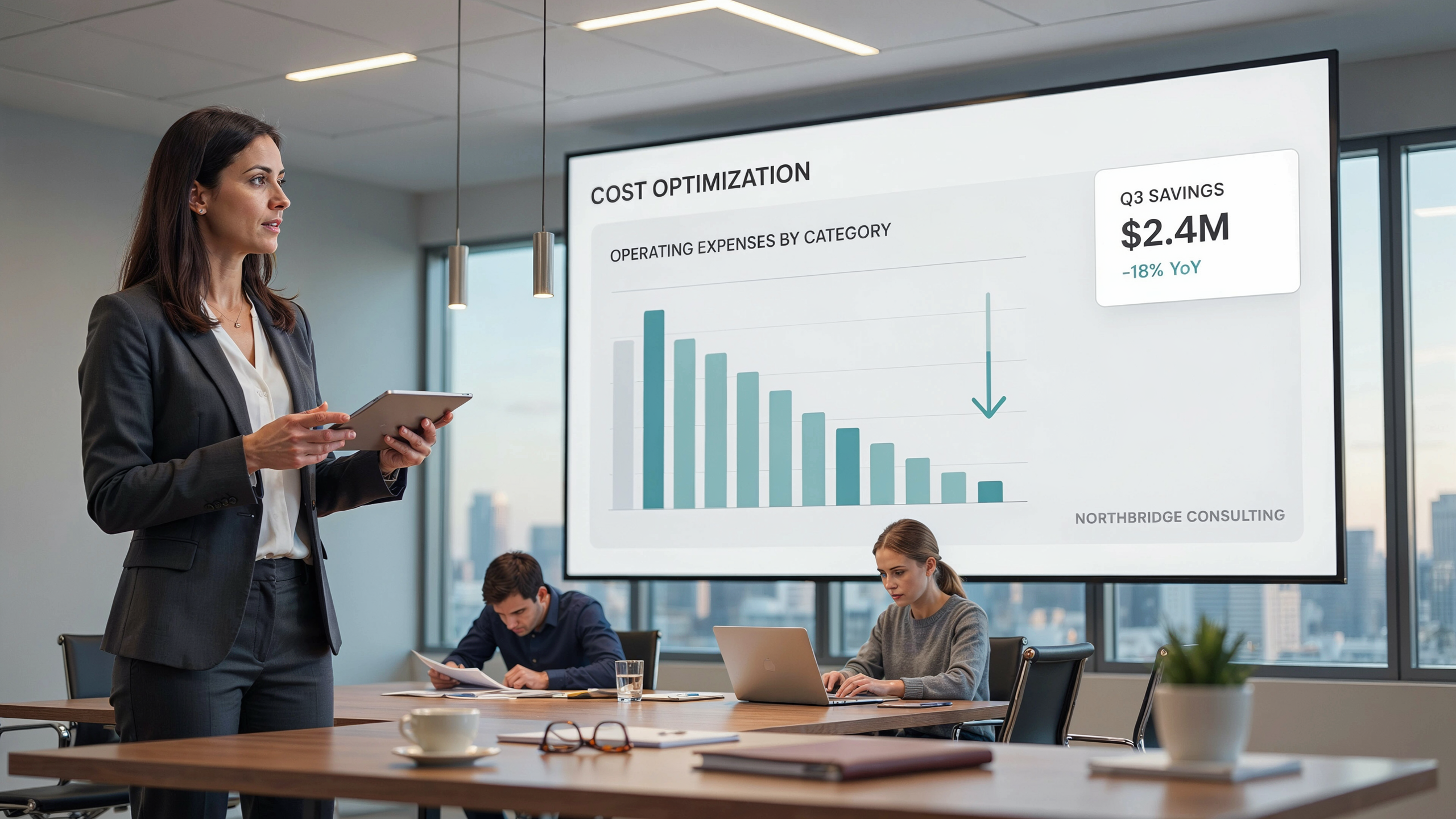 Advisor presenting a cost optimization analysis in a meeting room